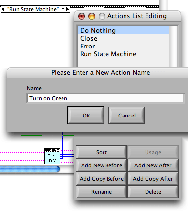 Actions List Editor with "Run State Machine" case in background.